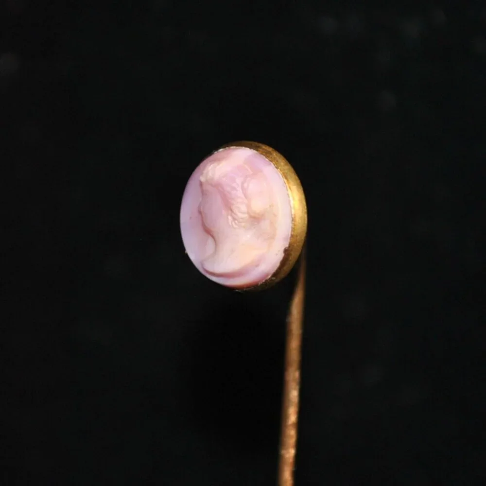 Antique Small Round Pink Glass Cameo Stick / Tie Pin